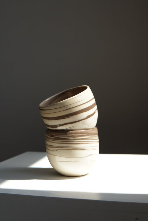Swirl round earthenware brown white cappuccino cups (2 pieces)